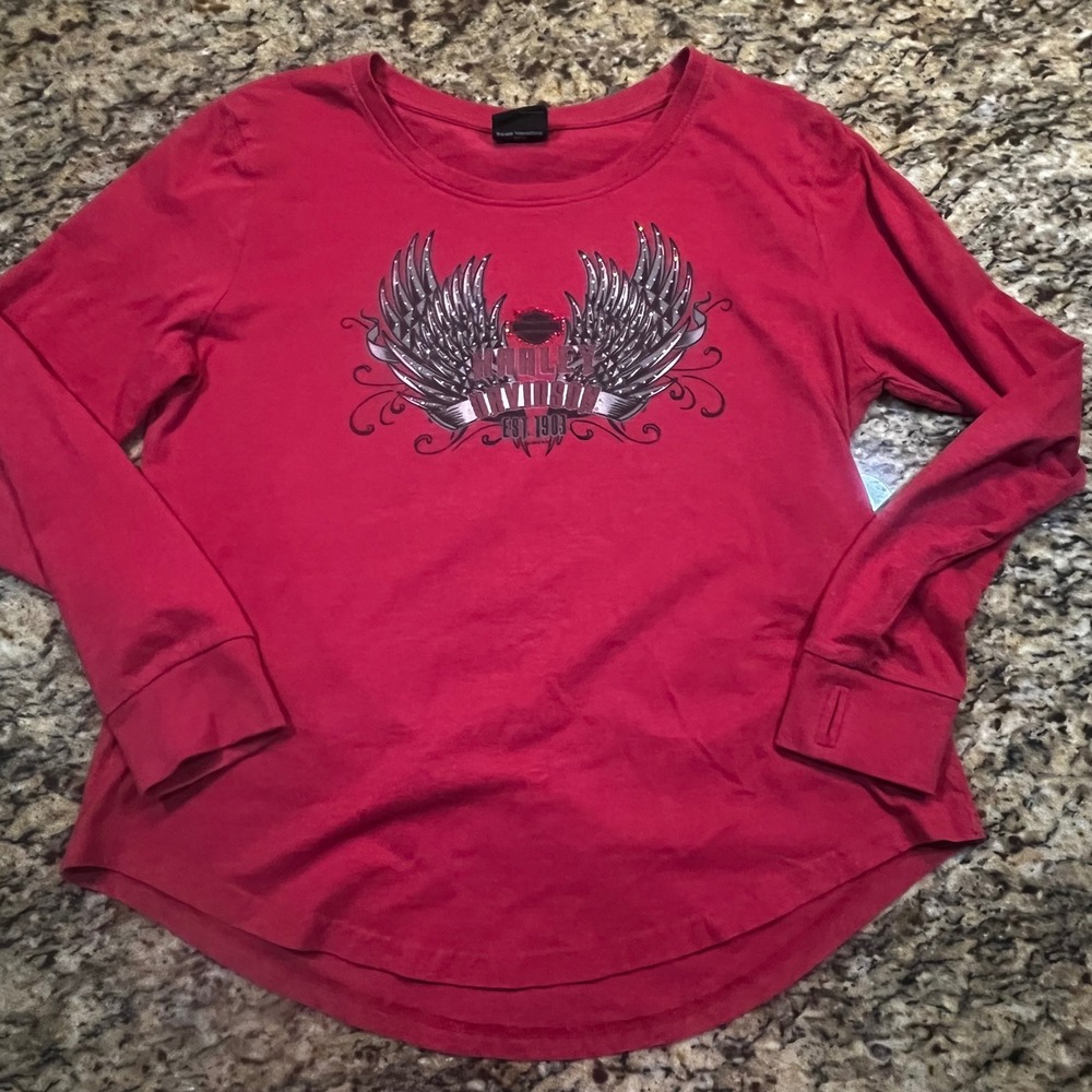 Harley-Davidson Womens Red Winged Rhinestone Graphic Long Sleeve Tee Thumbholes